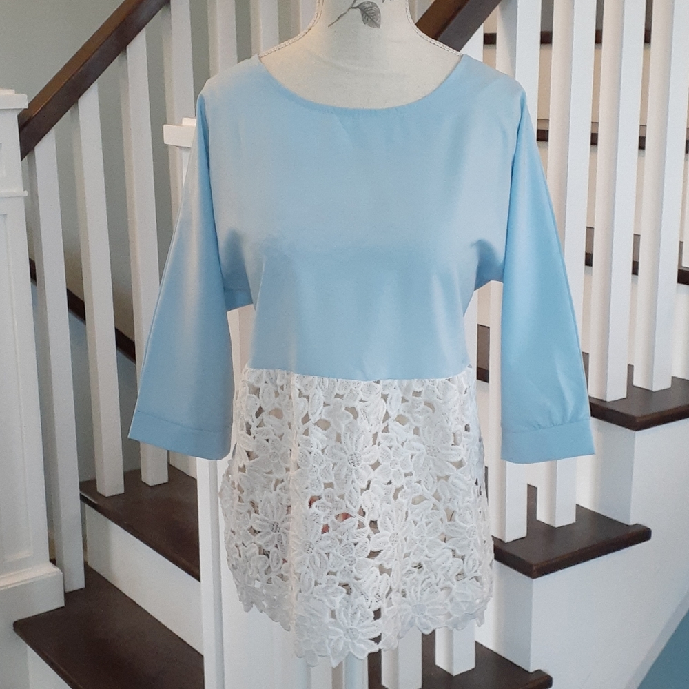 " Feminine light blue and white lace YOE top